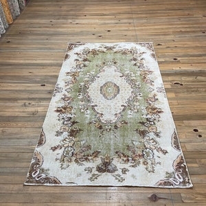 Green Rug, 3.5x6.1 ft, Vintage Rug, Muted Rug, Handmade Rug, Turkish Rug, Area Rug, Floral Rug, Wool Rug, Beige Rug, Oushak Rug, Antique Rug
