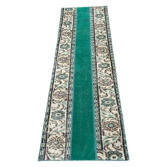 ヴィンテージグリーンウールランナーラグ：手作りトルコオリエンタル