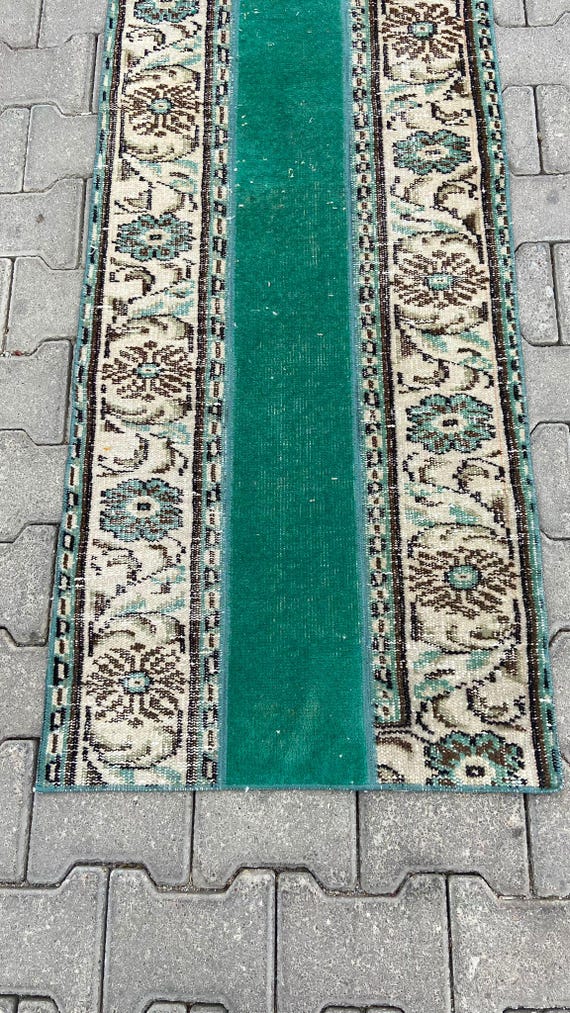ヴィンテージグリーンウールランナーラグ：手作りトルコオリエンタル