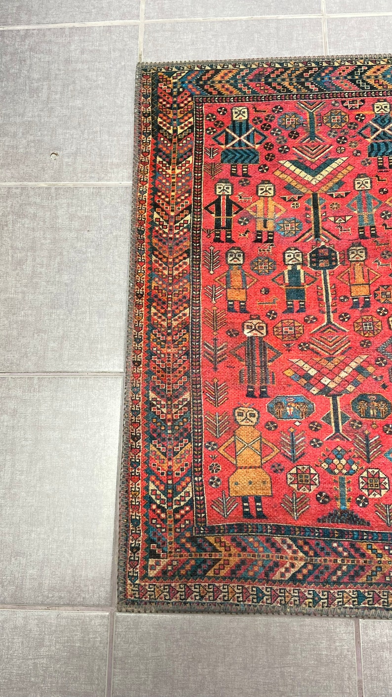 Hand-finished Turkish Rug: 2x3 Red Small Rug, Vintage Geometric Design ...