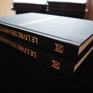 Könnte beinhalten: Zwei schwarze Hardcover-Bücher mit goldener Beschriftung auf dem Rücken. Der Titel der Bücher lautet "LE LIVRE DES MONSTRES".