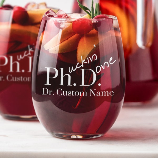 Personalized PhD Graduation Gifts Glassware Etched Stemless Wine Glass, Custom Set of 2, Women and Men Doctor Graduate Scientist Student