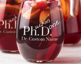 Personalized PhD Graduation Stemless Wine Glass, Custom Etched Glassware Set of 2