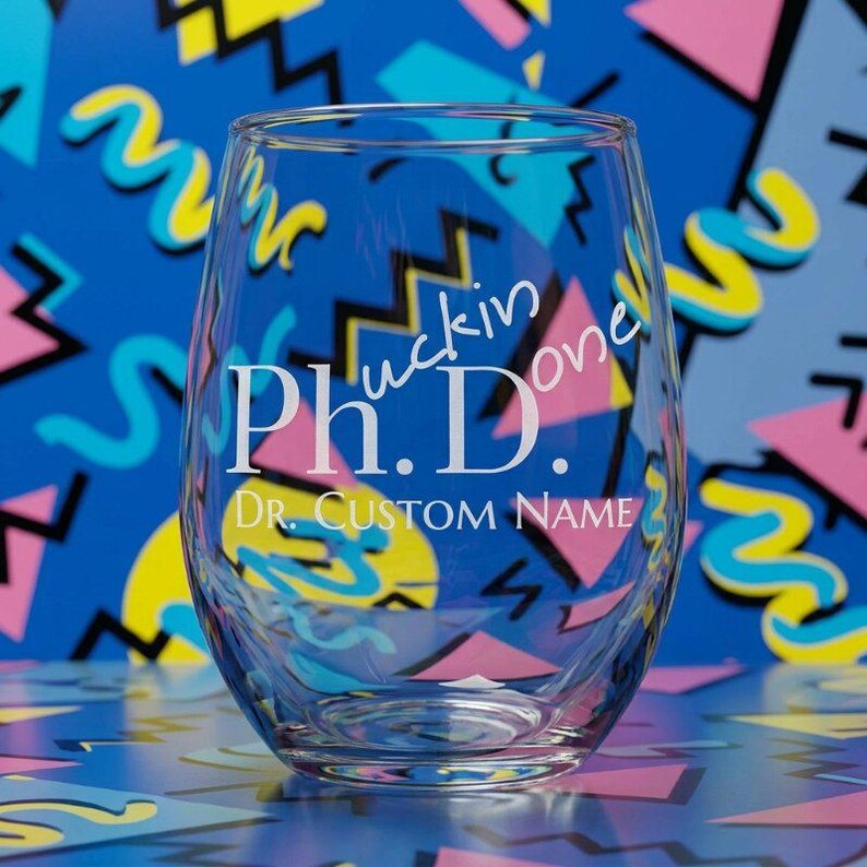Graduation Pattern Background Pink Personalized Phd Graduation Stemless Wine Glass – Etched Name, Year ...