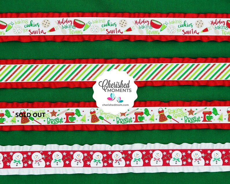 May include: A green background with various ribbons. The ribbons display festive designs with text such as "Baking Cookies for Santa" and "Holiday Baking Team". Some ribbons have snowman and Christmas tree patterns.