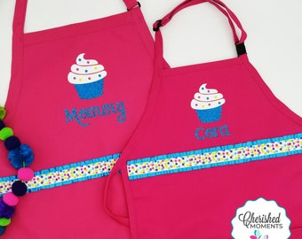 Personalized Mommy and Me Apron, Baking Crew Apron, Kids Cupcake Apron, Mother Daughter Apron, Hot Pink Apron, Easter Gift