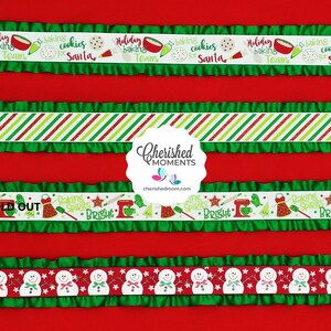 May include: A red background with various ribbons. Some ribbons have green ruffles. One ribbon says "Holiday baking cookies for Santa". Other ribbons feature stripes, snowmen, and baking-themed graphics. The text "SOLD OUT" is visible.