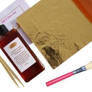 Gold Leaf Gilding Kit Includes 25 Sheets Italian Gold Leaf 1.4cm X 1.4cm  Adhesive, Lacquer, Anti Static Tweezers Re-usable Brushes & Guide. 