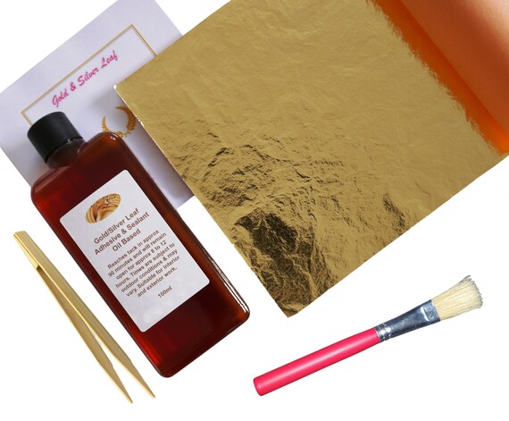 Gold Leaf Gilding Kit Includes 25 Sheets Italian Gold Leaf 1.4cm X 1.4cm,  Adhesive/lacquer, Anti Static Tweezers Re-usable Brush & Guide. 