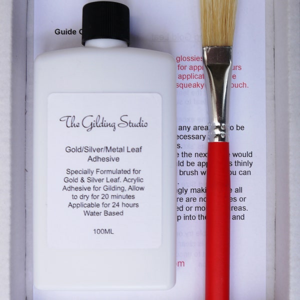 Gold Silver Leaf Size Adhesive 100ML. Water based Acrylic Glue for Gilding. Water clean up. Including a Quality fine filament brush.