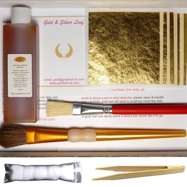Gold Leaf Kit Qty. 5 leaf's Oil Based Adhesive/Sealant Anti-Static Tweezers Cotton Wool for Polishing 2 Re-usable Brushes Wax Paper & Guide.