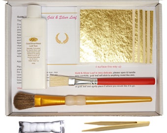 Gold Leaf Kit Genuine x 5 Sheets 8cm x 8cm. Anti-Static Tweezers Cotton Wool for Polishing 2 Re-usable Brushes Wax Paper & Gilding Guide.