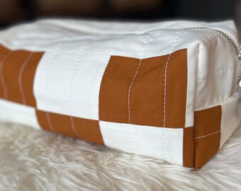 Quilted Toiletry Bag | Checkerboard Boxy Pouch & Travel Organizer