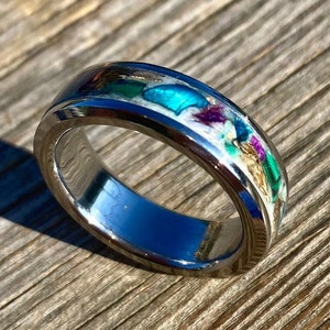 Glow-in-the-Dark Malachite, Opal, Brass Spirals, Blue Tiger&#39;s Eye, Purple Tiger&#39;s Eye, and Titanium Ring - Handmade