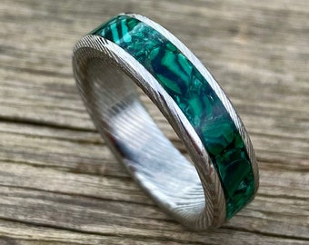 Malachite and Damascus Steel Ring - Handmade - Customizable Ring - Damascus Steel Ring