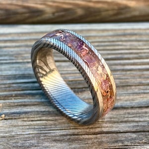 Damascus, Amethyst and Copper Steel Ring - Handmade - Customizable Ring