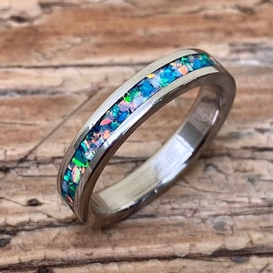 Opal and Stainless Steel Ring - Handmade - Opal &quot;Peacock Blue&quot;, Opal &quot;Pearl White&quot;