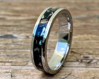 Ring of Meteorite, Opal and Pyrite on Stainless Steel - Handmade - Opal "Pearl White"