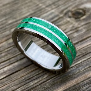 Green Jade Ring with Double Inlay on Brass / Stainless Steel Base - Handmade