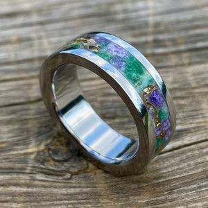Green Jade Ring, Purple Jade, Brass and Stainless Steel Spirals - Handmade