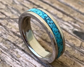 Turquoise Ring on Stainless Steel Base Handmade Men's Ring