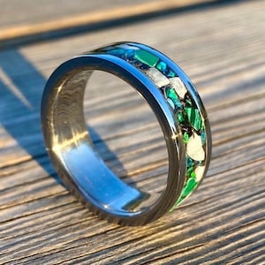 Malachite Ring, Meteorite, Opal, Shell and Stainless Steel - Handmade