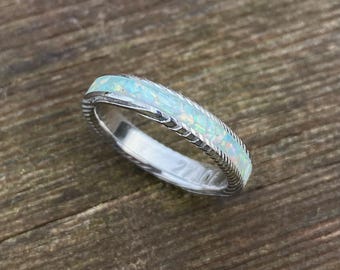 Damascus Steel and Opal Ring - Handmade - Stainless Steel - "Pearl White" Opal