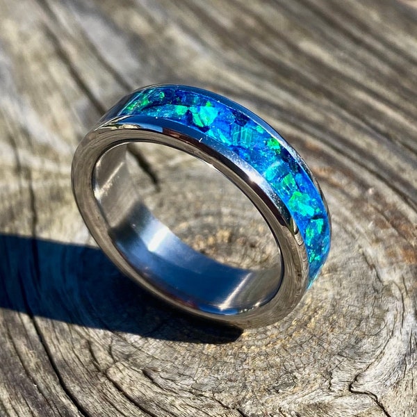 Opal Ring on Stainless Steel Base - Handmade - "Peacock Blue" Opal - Men's Ring - Women's Ring