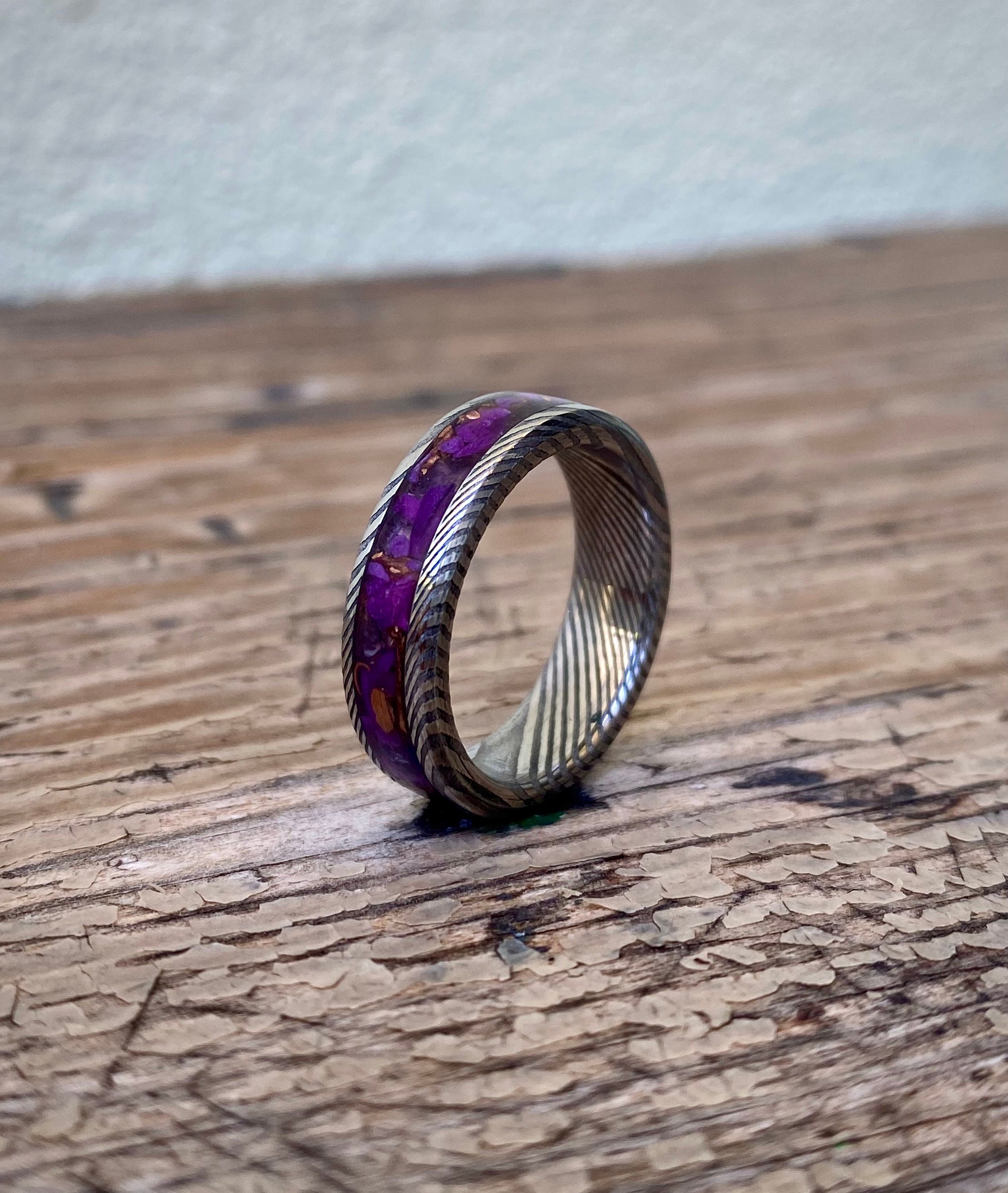 Damascus Steel Ring With Amethyst Purple Jade Copper - Etsy