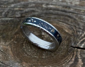 Meteorite and Damascus Steel Ring - Handmade