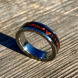 Black Tourmaline Ring, Red Opal and Stainless Steel / Titanium - Handmade