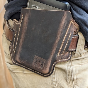 Slanted Leather Phone Holster, Leather phone case with belt loops, Pixel Samsung Kyocera iphone holster
