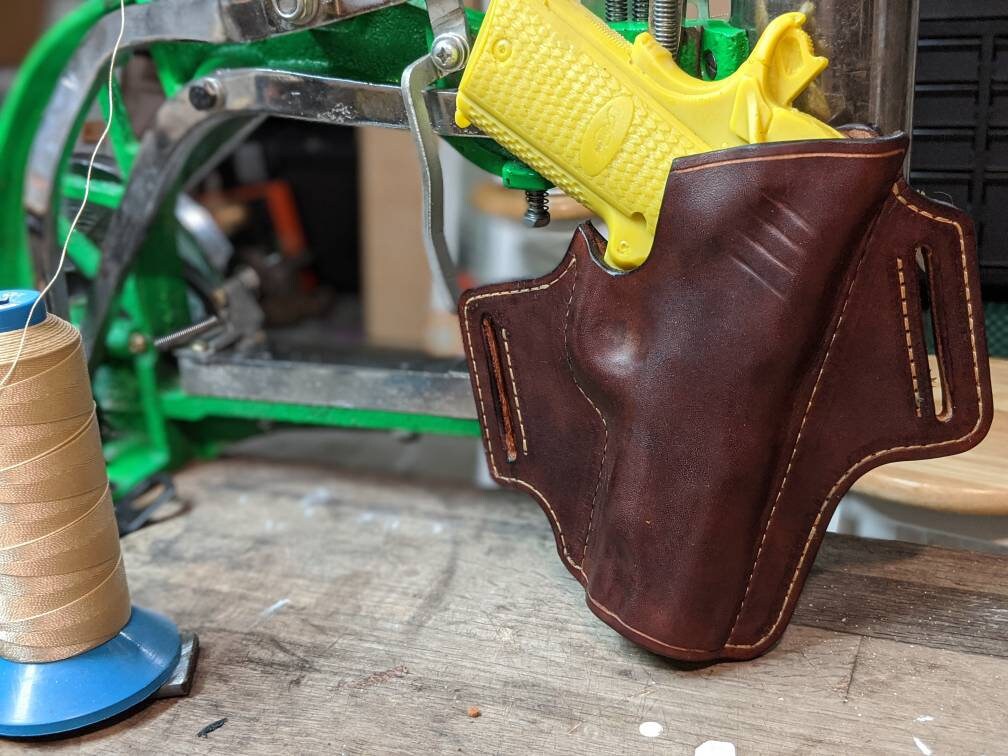 1911 holster, leather pancake style waxed tan finish custom request
