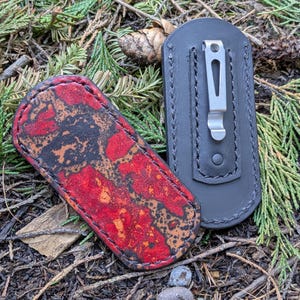 Pocket knife clip slip, Water Buffalo and marble steer leather slip for folding knives Jack wolf, case knives, slip joint folding knives