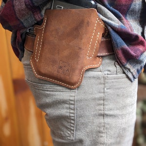 Slanted Leather Phone Holster, Leather phone case with belt loops, Pixel Samsung Kyocera iphone holster