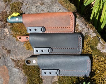 The Squarebody fixed blade knife sheath. Front pocket or belt mounted leather sheath for 2 inch and 3 inch knives.