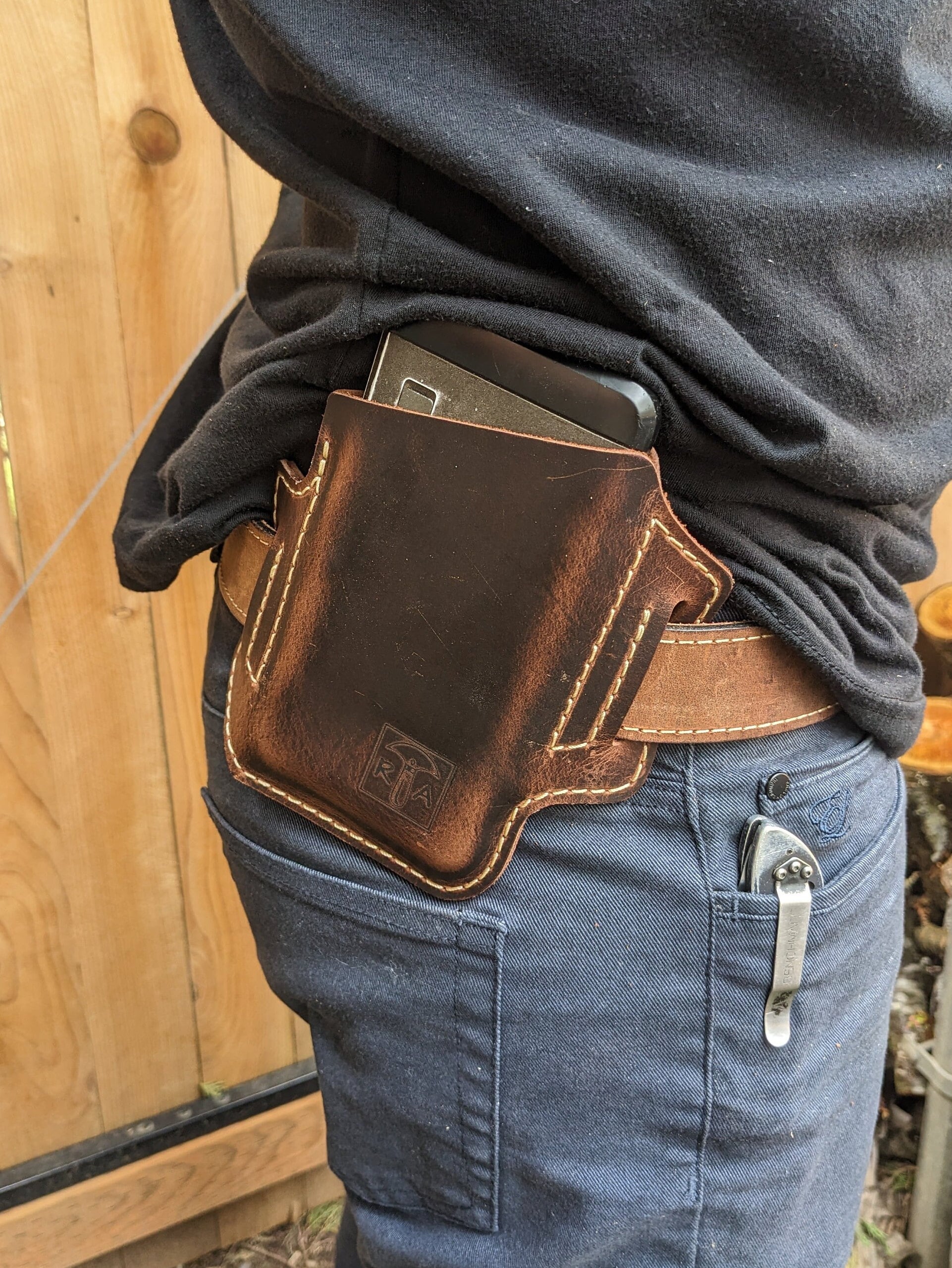 Slanted Leather Phone Holster, Leather phone case with belt loops