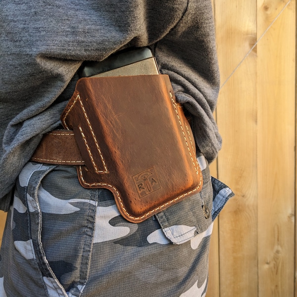 Left hand leather phone holster, distressed earthtone brown