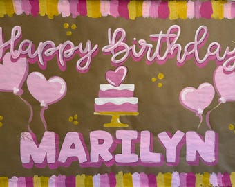 Personalized Pink and Yellow Birthday Banner 50&quot;x30&quot;