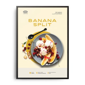 May include: A banana split dessert with vanilla ice cream, bananas, cherries, and whipped cream on a grey plate. The plate is on a yellow background with the text "BANANA SPLIT" in black.