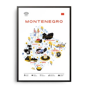 Midcentury Montenegro Punti di riferimento Stampa, Montenegro Punti di riferimento, Attrazioni turistiche, Poster di viaggio, Infografica paese, Montenegro Poster