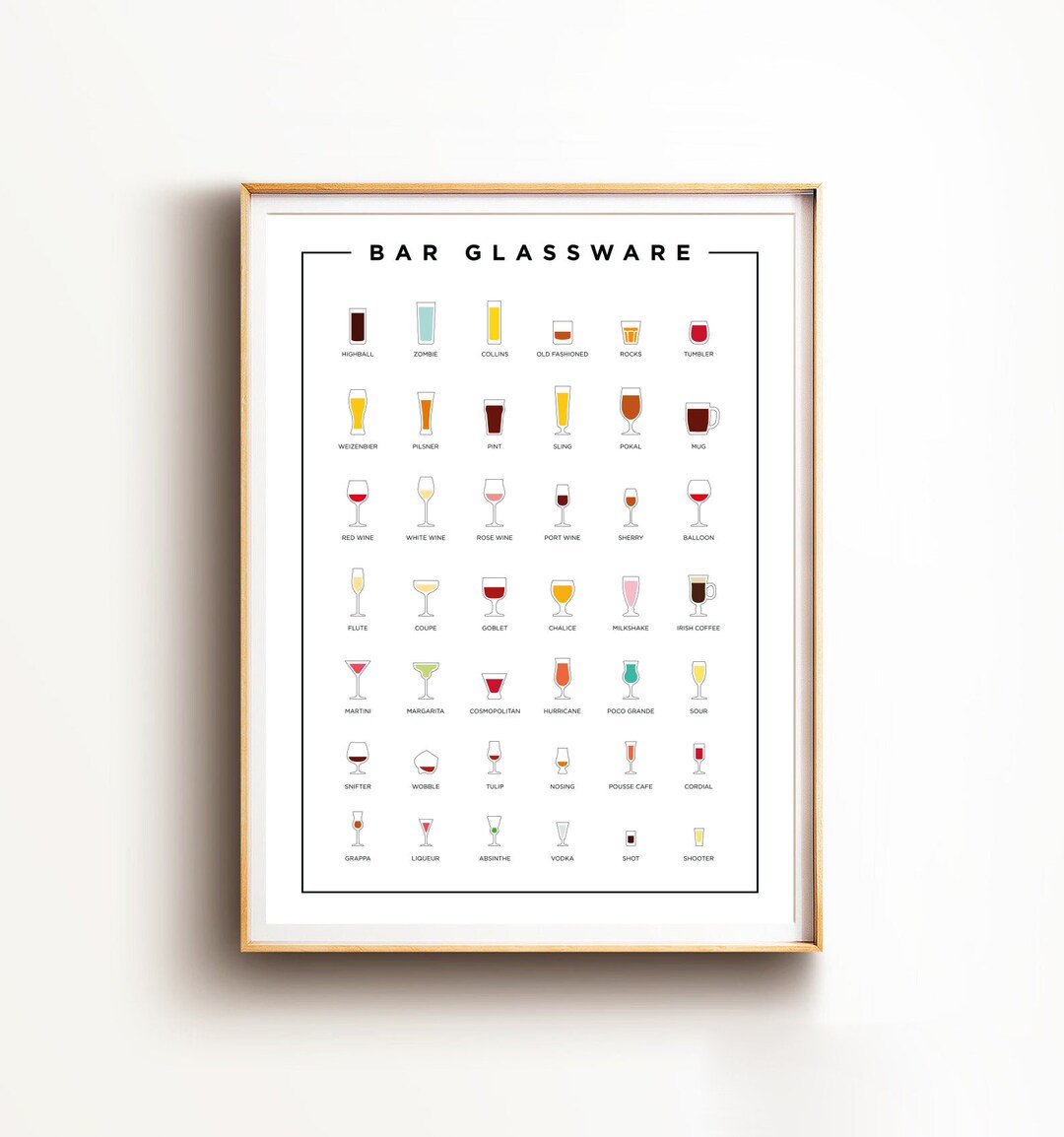 Bar Glassware Guide Print, Cocktail Glasses Wall Art, Margarita Print