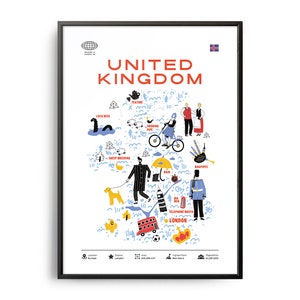 Midcentury UK Landmarks Print, Gran Bretagna Punti di riferimento, Attrazioni turistiche, Poster di viaggio, Infografica paese, Poster Inghilterra, Inghilterra Arte