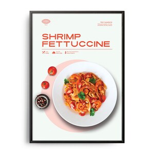 Shrimp Fettuccine Poster, Midcentury Fettuccine Print, Food Wall Art, Food Recipe Wall Decor, Food, Retro Food Poster, Modern Kitchen Print
