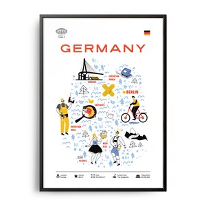 Stampa dei punti di riferimento della Germania della metà del secolo, Monumenti della Germania, Attrazioni turistiche, Poster di viaggio, Infografica del paese, Poster della Germania, Arte della Germania