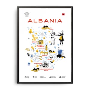 Midcentury Albanien Sehenswürdigkeiten Print, Albanien Sehenswürdigkeiten, Touristische Sehenswürdigkeiten, ReisePoster, Land Infographic, Albanien Poster, Albanien Kunst