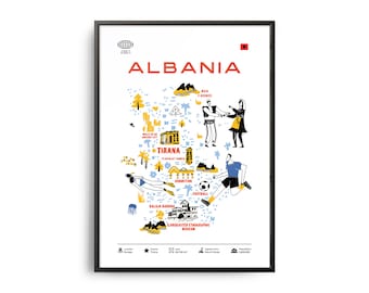 Midcentury Albania Landmarks Print, Albania Landmarks, Tourist Attractions, Travel Poster, Country Infographic, Albania Poster, Albania Art