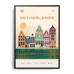 Midcentury Netherlands Print, Monuments des Pays-Bas, Attractions touristiques, Affiche de voyage rétro, Affiche des Pays-Bas, Impression rétro des Pays-Bas