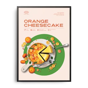 Orange Cheesecake Poster, Midcentury Orange Cheesecake Print, Food Wall Art, Food Recipe Wall Decor, Retro Food Poster, Modern Kitchen Print