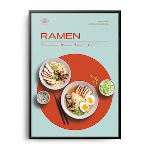 Ramen Poster, Midcentury Ramen Print, Food Wall Art, Food Recipe Wall Decor, Colorful Food Art, Retro Food Poster, Modern Kitchen Print